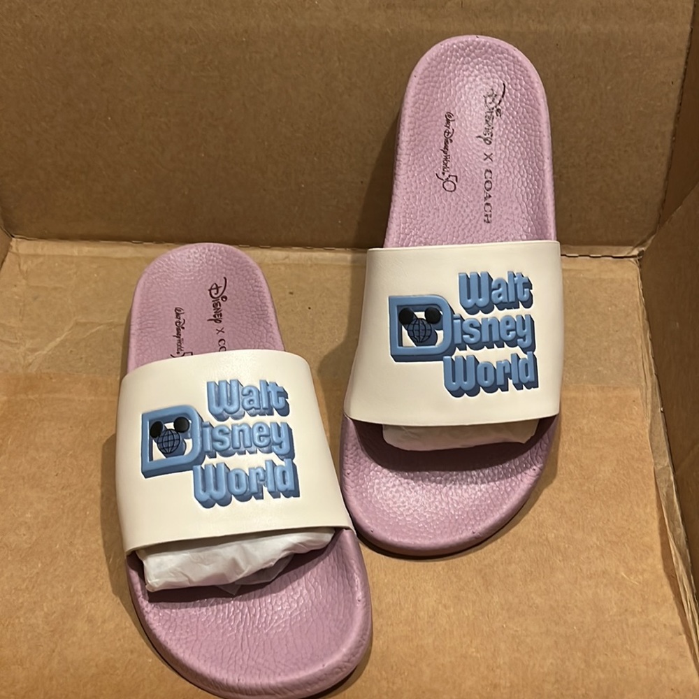 NIB Disney X Coach Ice Pink Lavender Slides Size 9 50th Anniversary Edition
